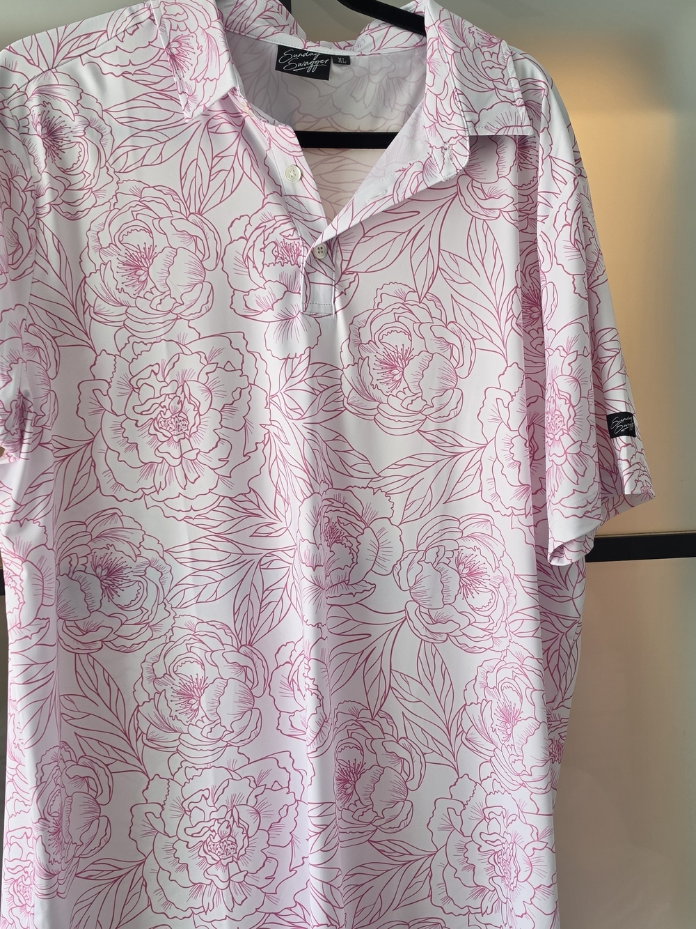 Sunday Swagger - Men's Floral Short-Sleeve Polo - White with Pink Pattern